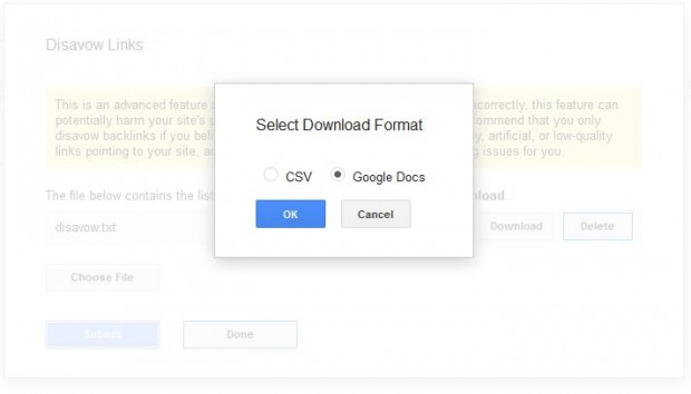 Select Download Format from Disavow Tool.